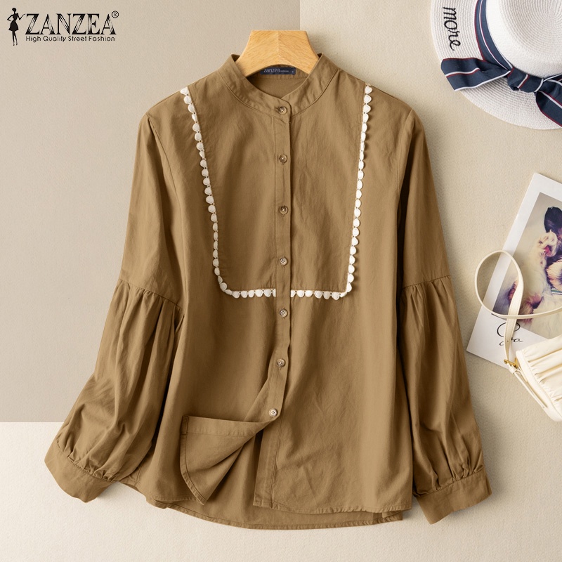 Áo Kiểu ZANZEA Tay Phồng Dài Cổ Đứng Phối Ren Họa Tiết Hoa Cúc Màu Trơn Thanh Lịch Vintage Cho Nữ Mặc Hàng Ngày