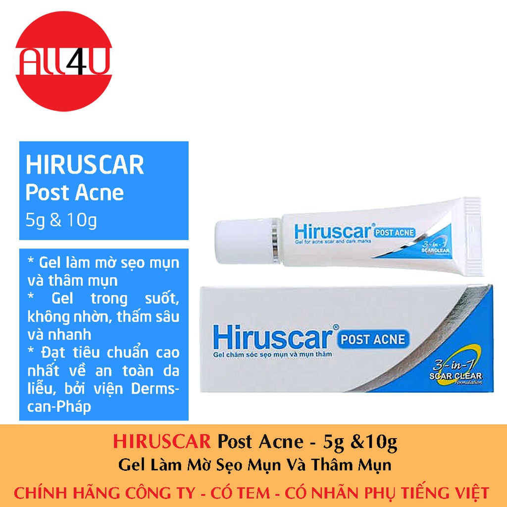 [CHÍNH HÃNG CÓ TEM] [DATE 6/2022] HIRUSCAR Post Acne Tuýp 5g và 10g - Gel Làm Mờ Sẹo Mụn Và Thâm Mụn.