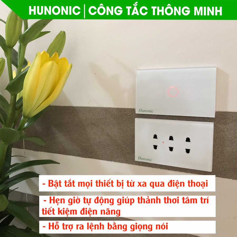 CÔNG TẮC CẢM ỨNG THÔNG MINH HUNONIC 3 NÚT ĐEN│Công tắc wifi điều khiển từ xa bằng điện thoại│Đế âm chữ nhật dễ lắp đặt