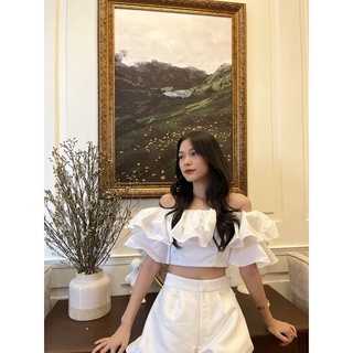 Anis_Áo croptop bẹt vai màu tím, tay phồng phần vai có thun co giãn, dây kéo phía sau Laphin Top
