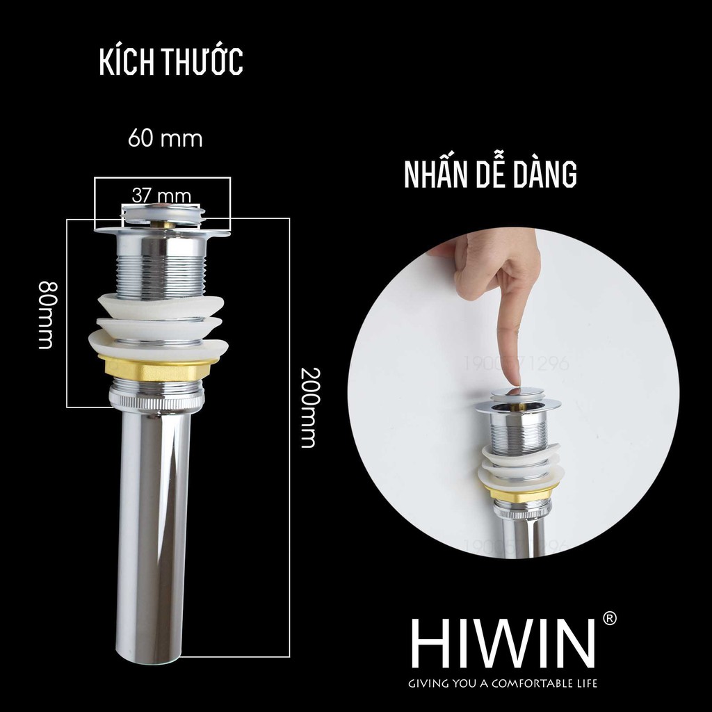 Bộ xả lavabo nắp nhấn đồng gương cao cấp sáng bóng Hiwin PG-1204 (xifong lavabo)