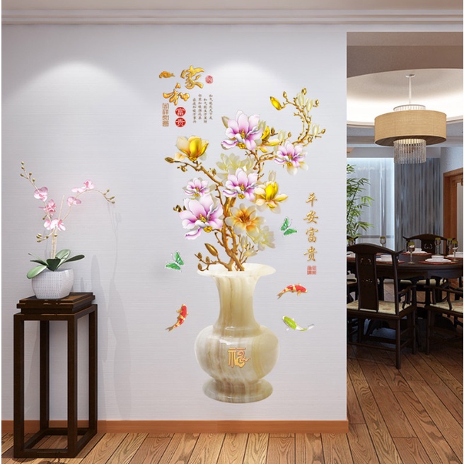 Decal giấy dán tường - mẫu Bình hoa Mai đá màu Tím vàng quý phái