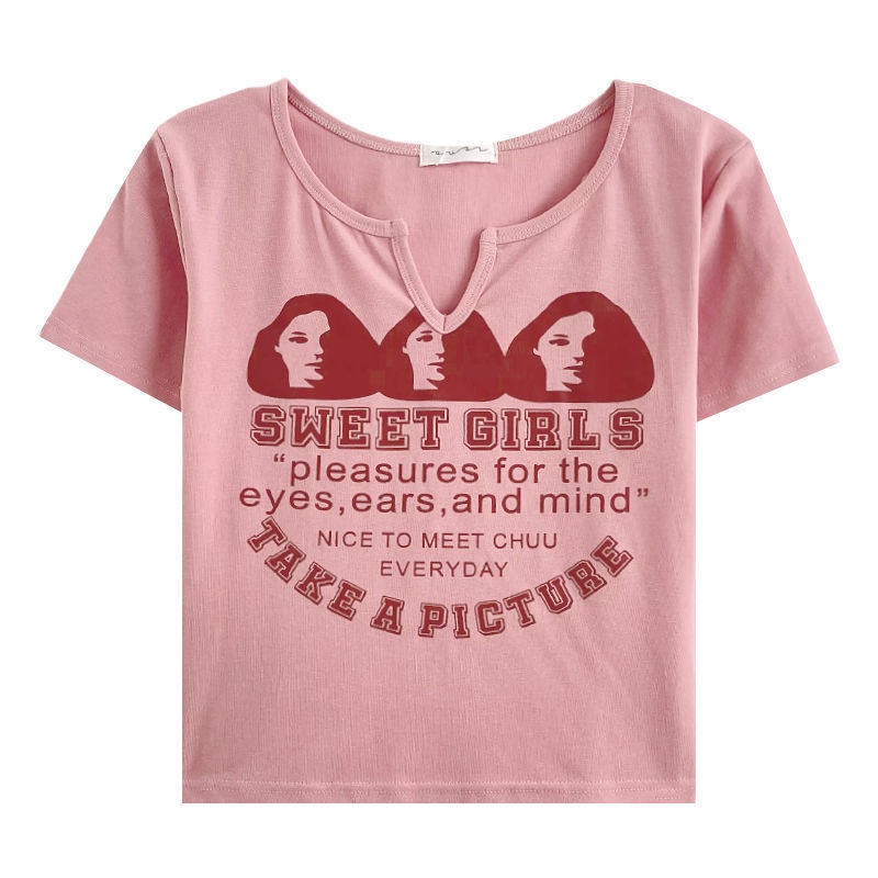 Áo Thun Cotton Tay Ngắn Cổ Chữ V In Họa Tiết Phong Cách Vintage