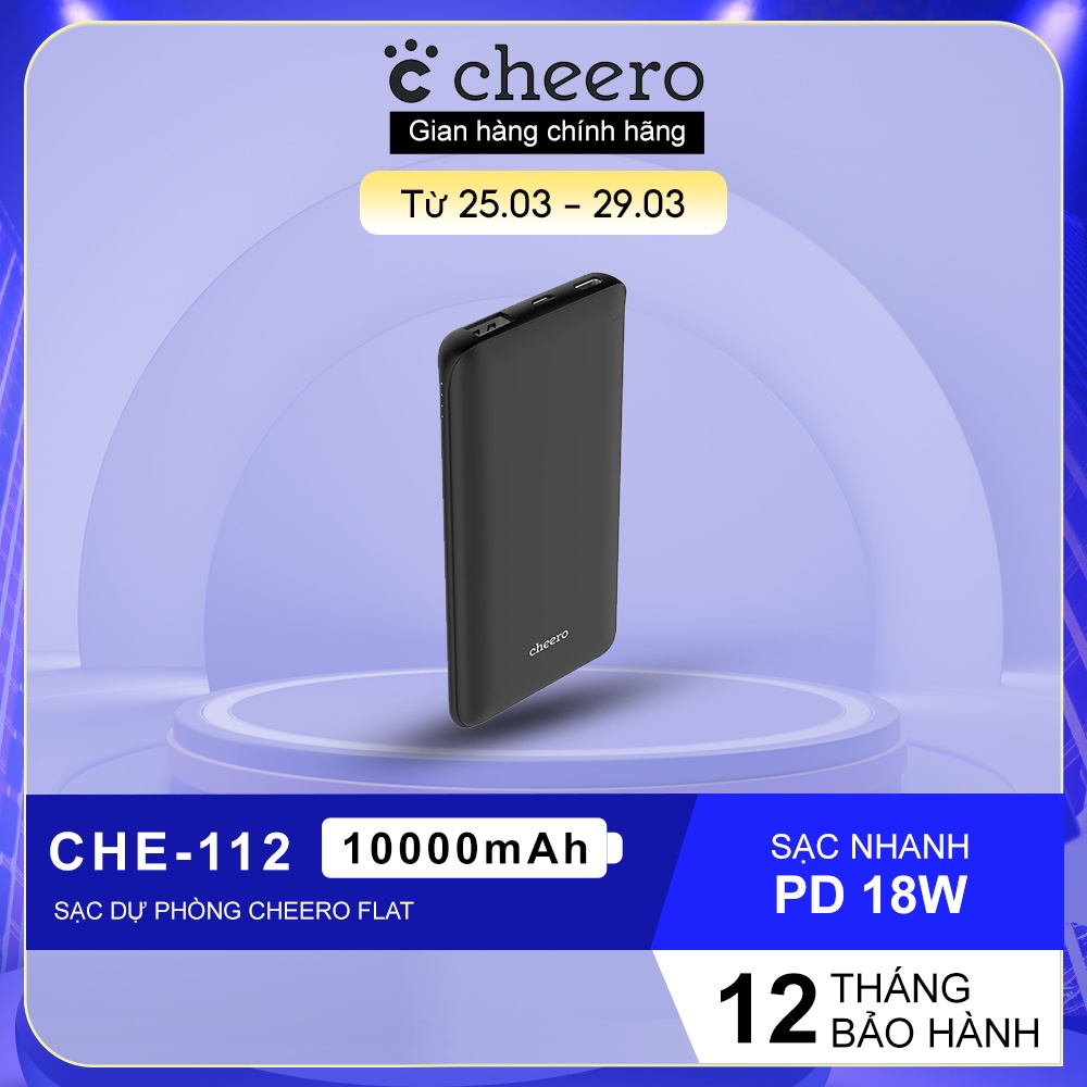 Pin Sạc Dự Phòng Sạc Nhanh Chuẩn Nhật CHEERO Flat 10000mAh Power Delivery 18W CHE-112 - Hàng Chính Hãng