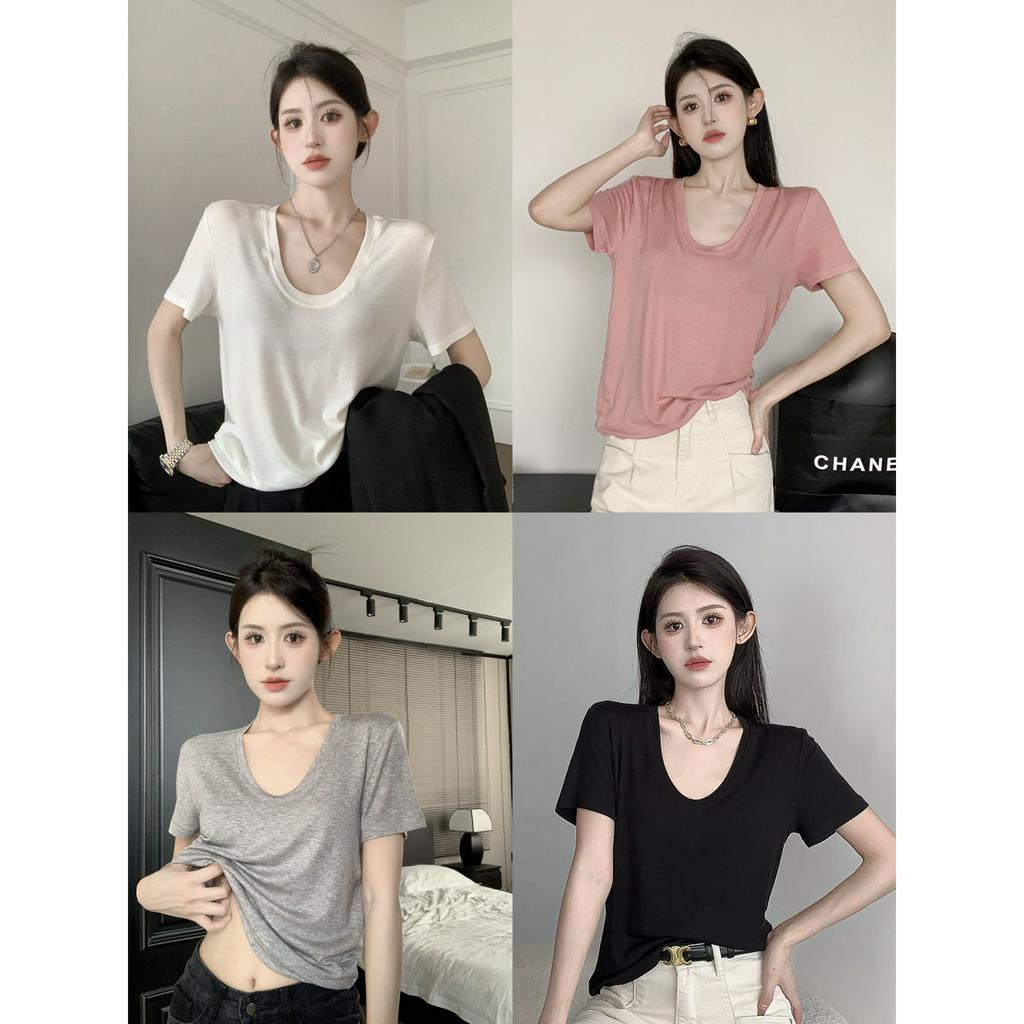 Áo Thun Nữ Ngắn Tay Cổ Chữ U Vải cotton