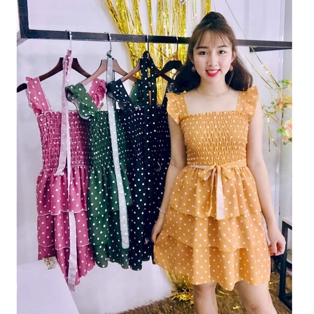 Đầm xoè bi 3 tầng đen/ vàng/rêu/cam/hồng  MH