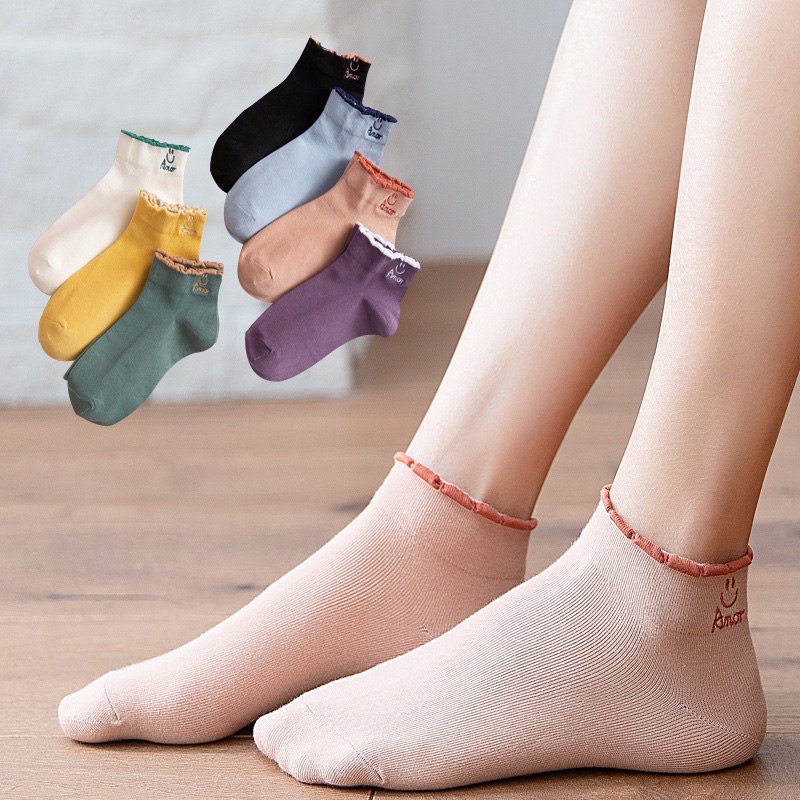 Set 5 Đôi Tất Anor cổ ngắn nữ, vớ nữ mặt cười chất vải cotton co giãn bốn chiều thoáng khí tt4