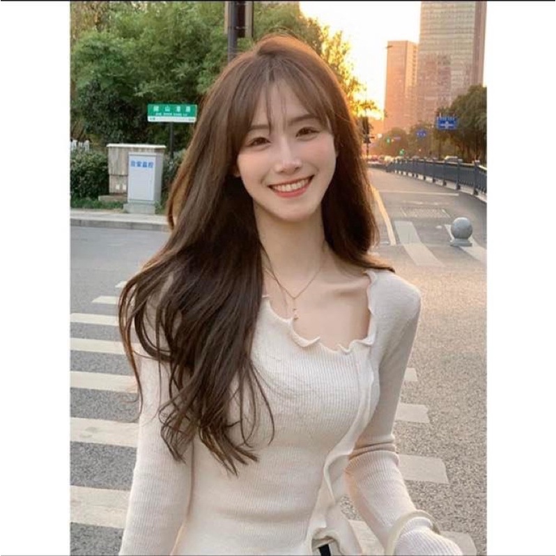 Áo kiểu tay dài thun ôm sát body nữ xẻ tà trơn tiểu thư - Order taobao quảng châu