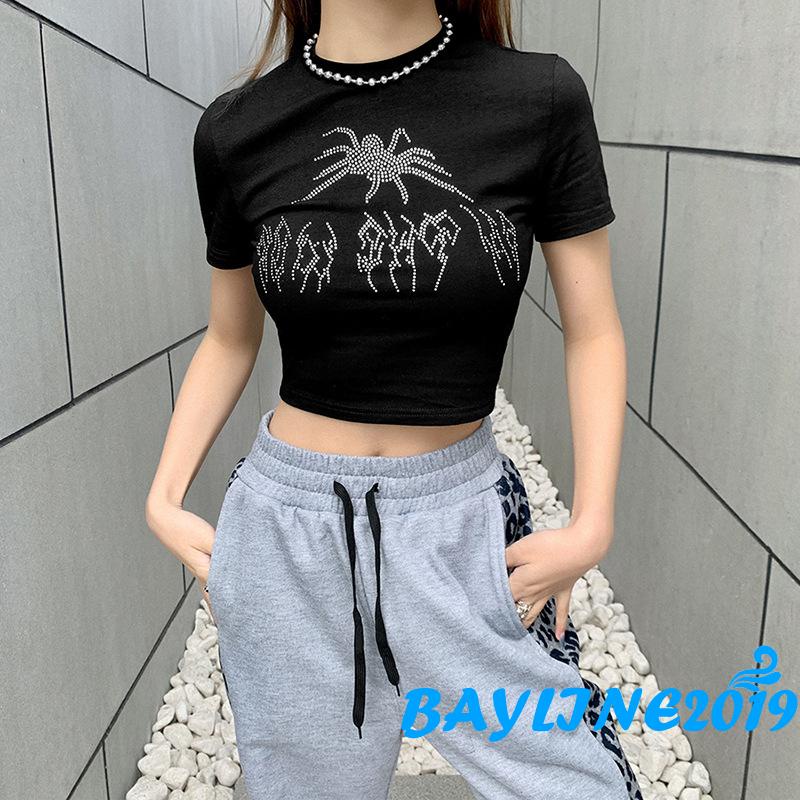 Áo Thun Ngắn Tay Dáng Ôm Hở Rốn Họa Tiết Nhện Đính Đá Thời Trang Cho Nữ