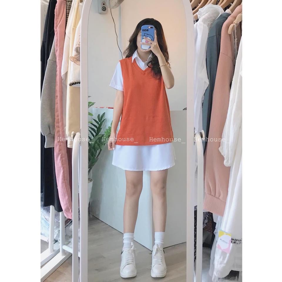 [Mã FAGREEN245 giảm 10% tối đa 30K đơn 99K] Set sơ mi giấu quần phối áo gile gân cam | BigBuy360 - bigbuy360.vn