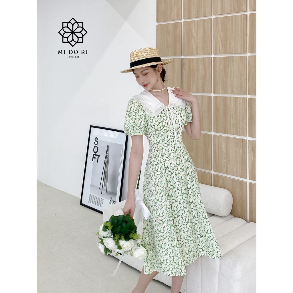 Đầm dáng midi phối cổ vuông tiểu thư, hoa nhí xanh nền trắng, chiffon Hàn, chất mềm mát không nhăn, 2 lớp - Kelly Dress