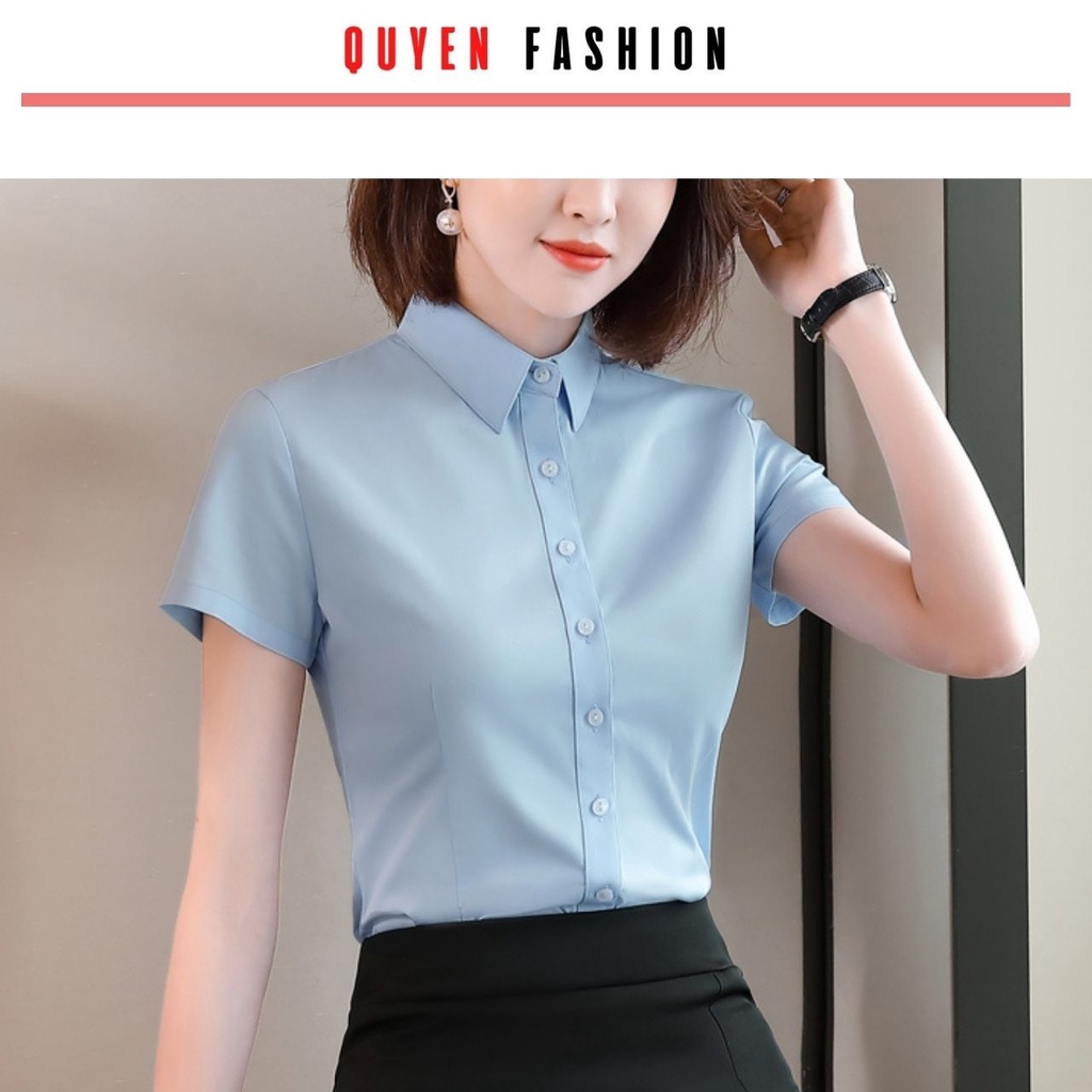 Sơ mi nữ công sở màu trắng, xanh tay cộc, cổ đức cơ bản dáng ôm chất liệu thô Nhật Quyên Fashion AA571