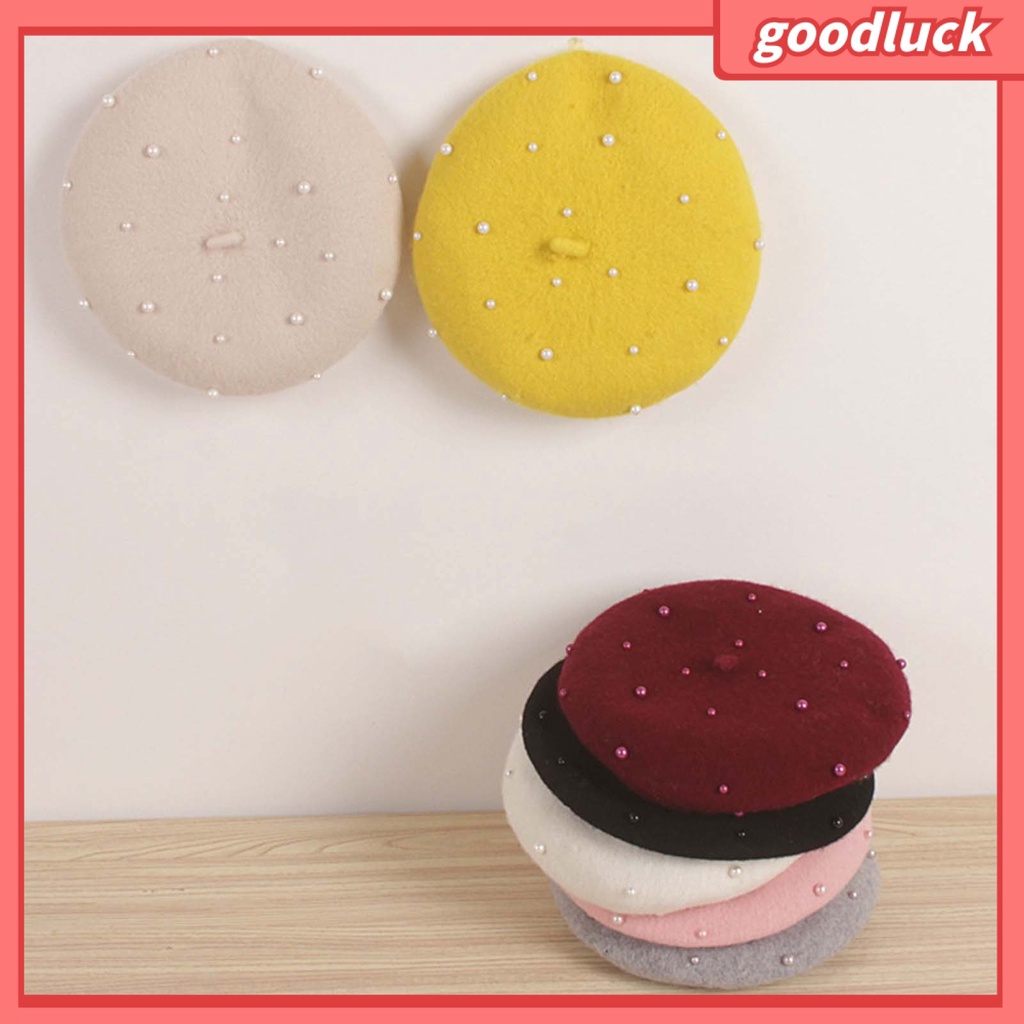 Mũ Beret Vải Lông Cừu Đính Ngọc Trai Màu Trơn Cổ Điển Giữ Ấm Thời Trang Cho Bé Gái