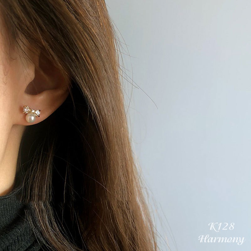 Bông tai ngọc trai nhân tạo nữ bạc 925 hình nơ đá đính 2 màu bạc xi kim và vàng | HARMONY ACCESSORIES K128