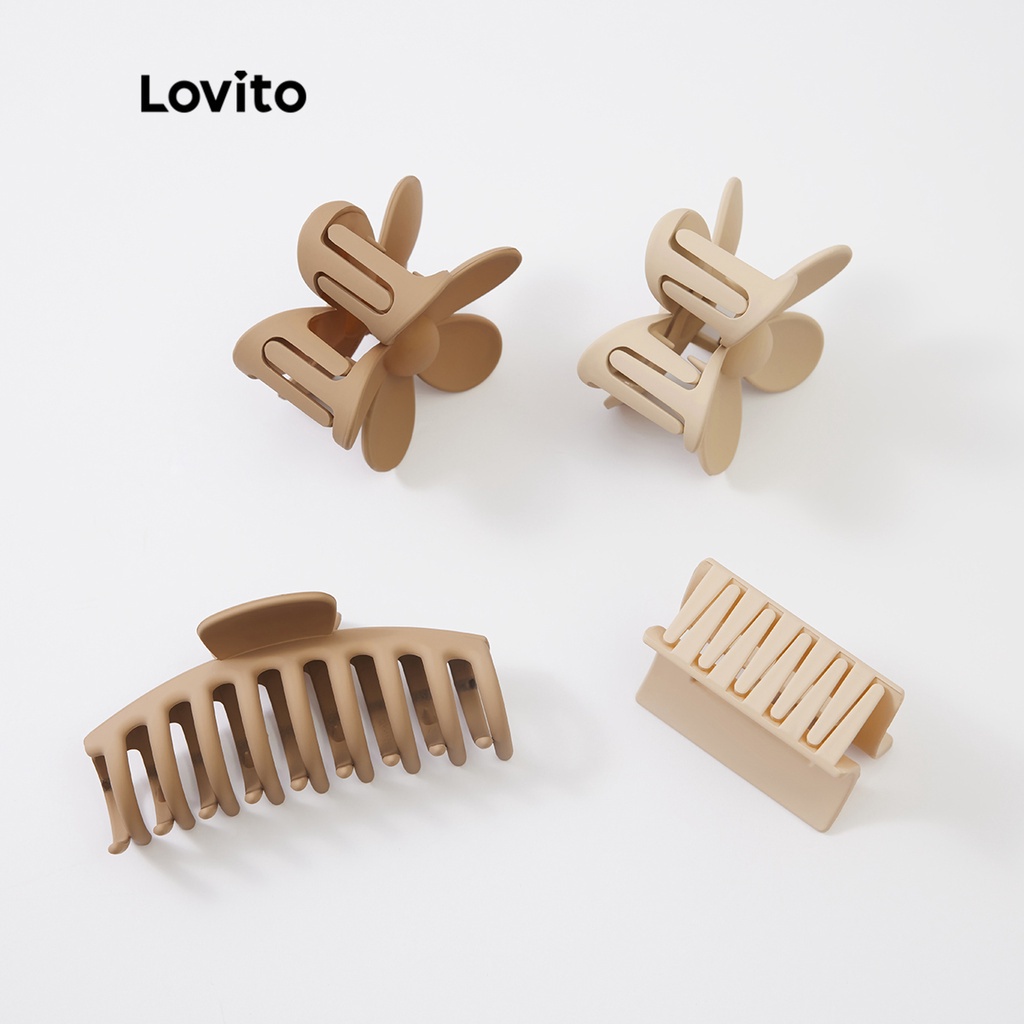Kẹp tóc móng vuốt Lovito hình hoa vuông màu trơn bằng nhựa phong cách thường ngày L233L265 (1/ 2/ màu kaki/ trắng ngà)
