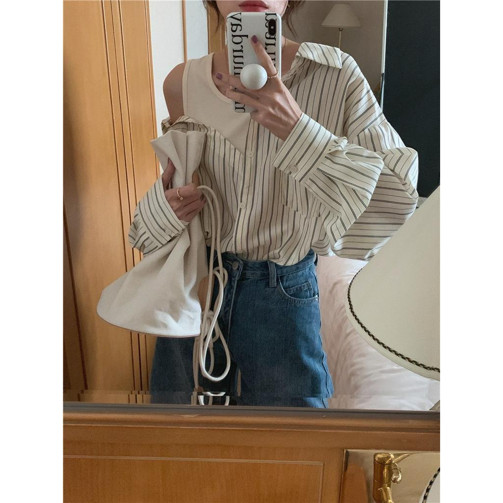 Áo Sơ Mi Kẻ Sọc Dài Tay Phối Lớp Ngoài Phong Cách Hàn Quốc 54450