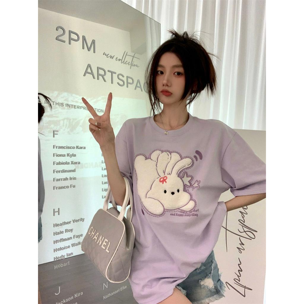 Áo Thun Tay Ngắn Rộng Thêu Hình Thỏ Dễ Thương 61850