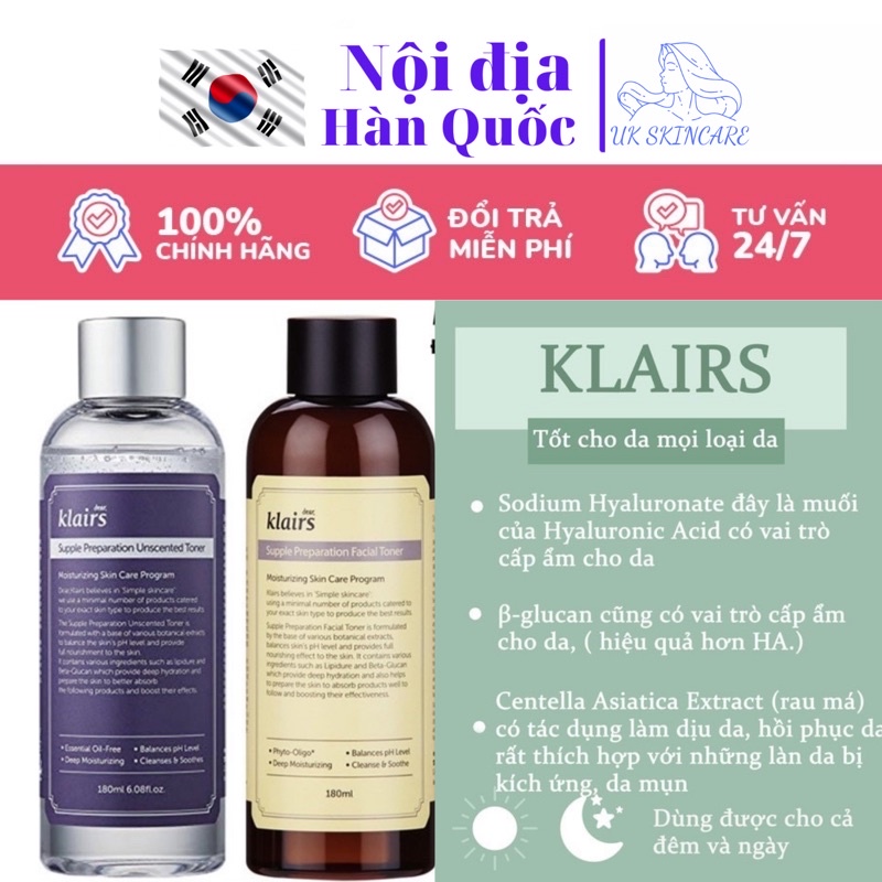 [Chuẩn auth 100%, đủ bill, đi air ✈️]Nước hoa hồng Klairs Supple Preparation Toner 180ml