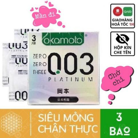 Bao Cao Su Okamoto Platinum 003 [CHÍNH HÃNG] , Nhật Bản, Hộp 3 cái, Siêu mỏng mềm mại bó sát tăng khoái cảm