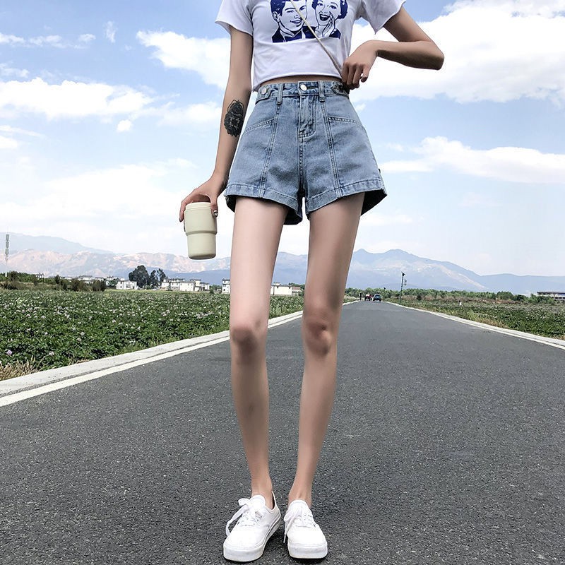 Quần jean❀♟❍quần short denim cạp cao ống suông nữ mới mùa hè hyuna phong cách a-line lưới màu đỏ đang hot trong xu hướng