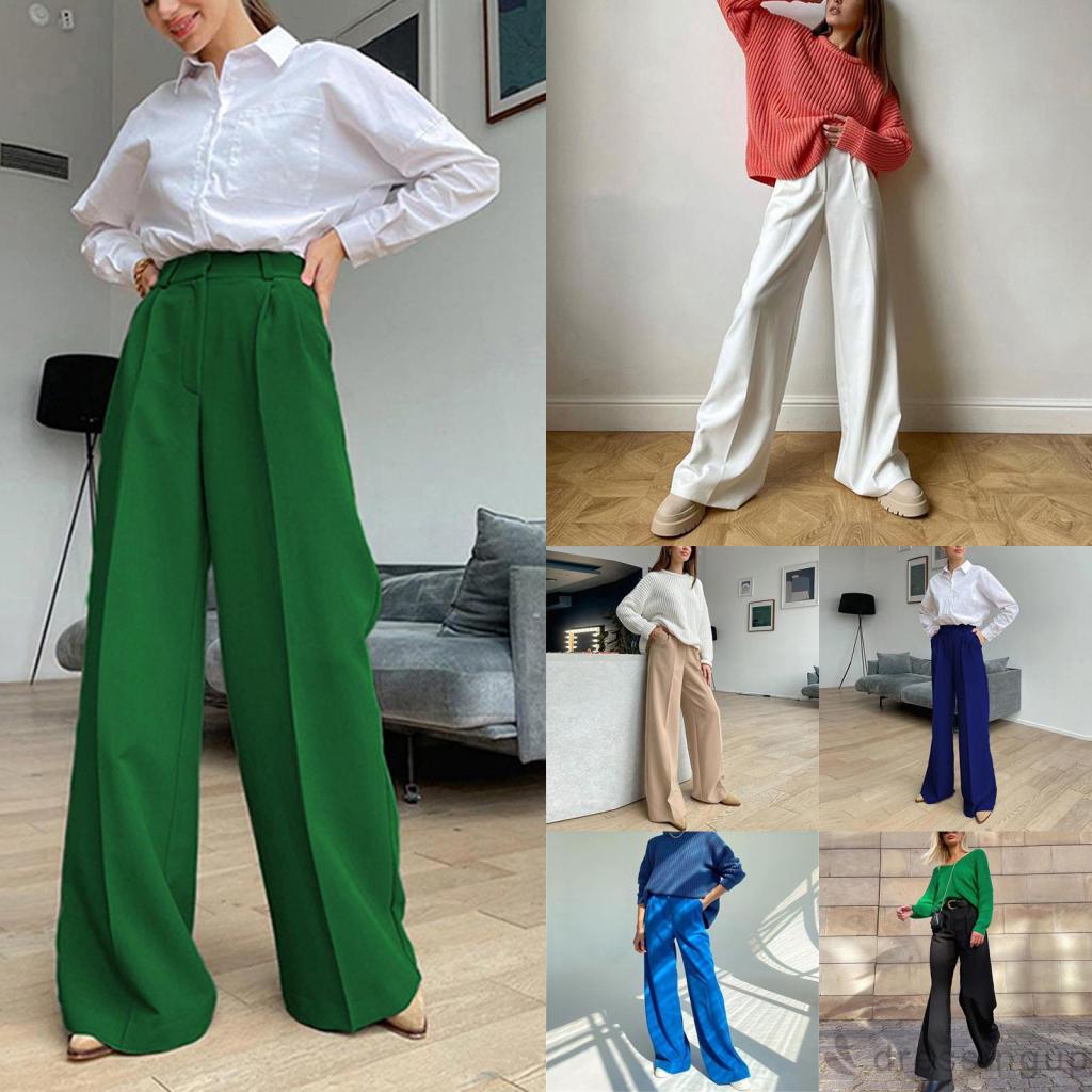 Quần Ống Rộng Lưng Cao Màu Sắc Trơn Cho Nữ