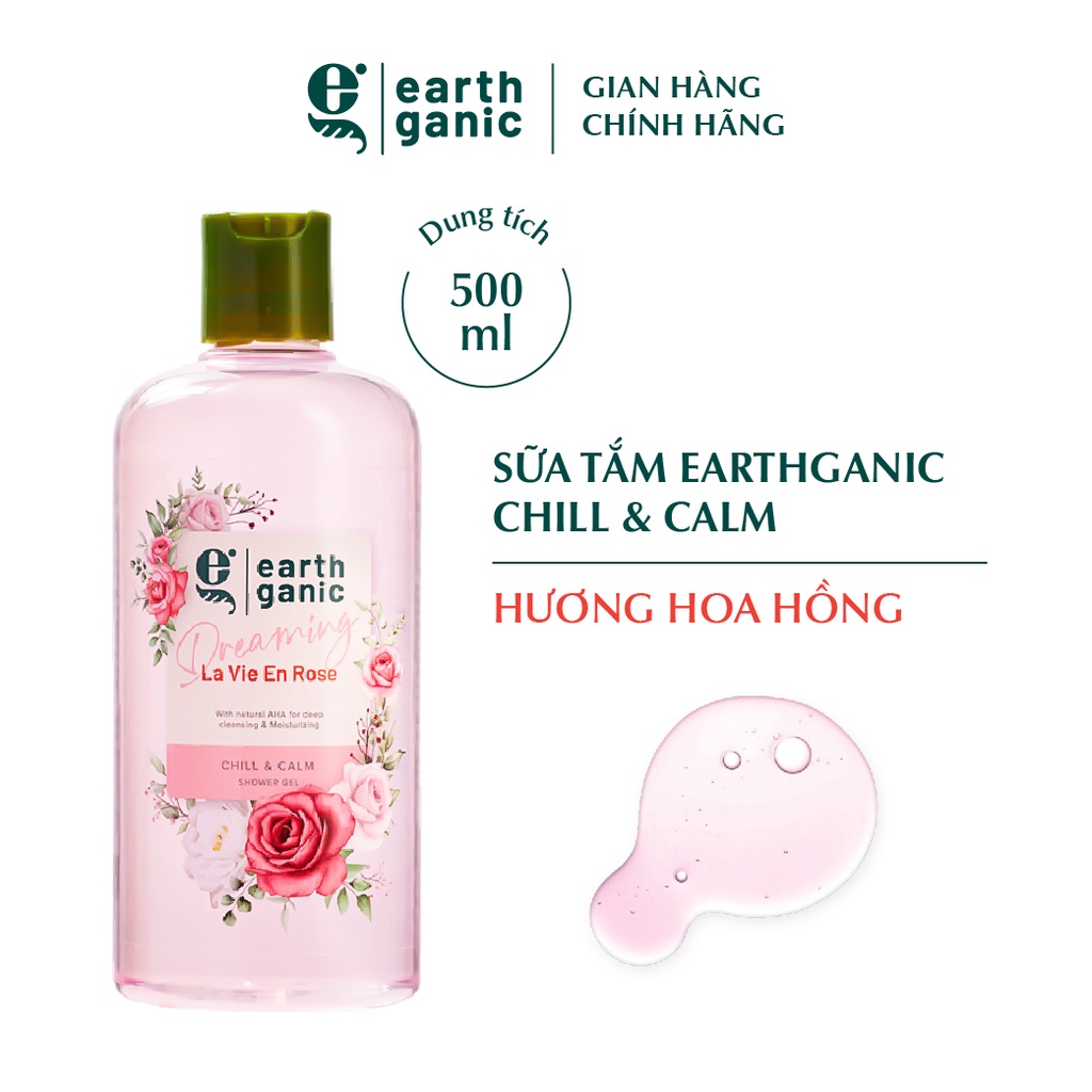 Sữa tắm dưỡng ẩm trắng da Earthganic Hương Hoa Hồng AHA trắng da thơm lâu, thành phần thiên nhiên