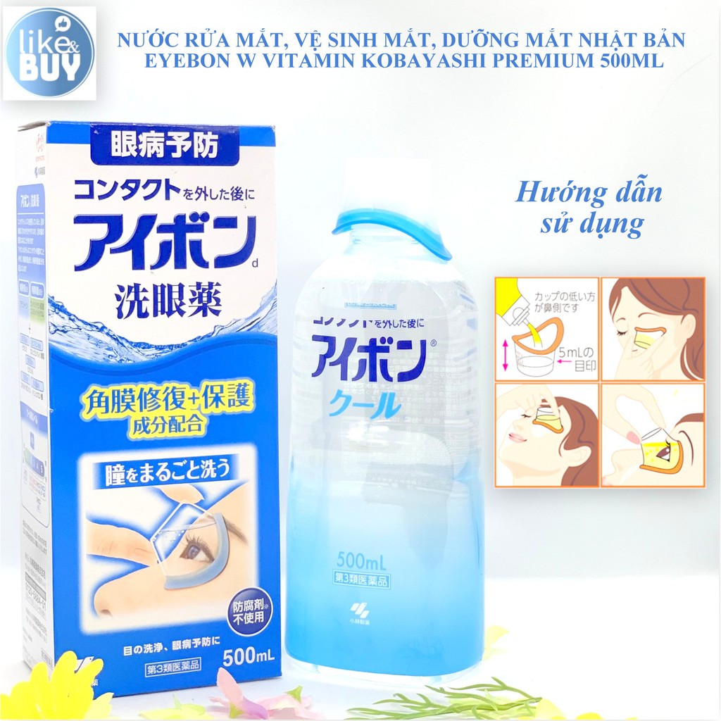 NƯỚC RỬA MẮT, VỆ SINH MẮT, DƯỠNG MẮT NHẬT BẢN EYEBON W VITAMIN KOBAYASHI PREMIUM 500ML - HÀNG NHẬT NỘI ĐỊA