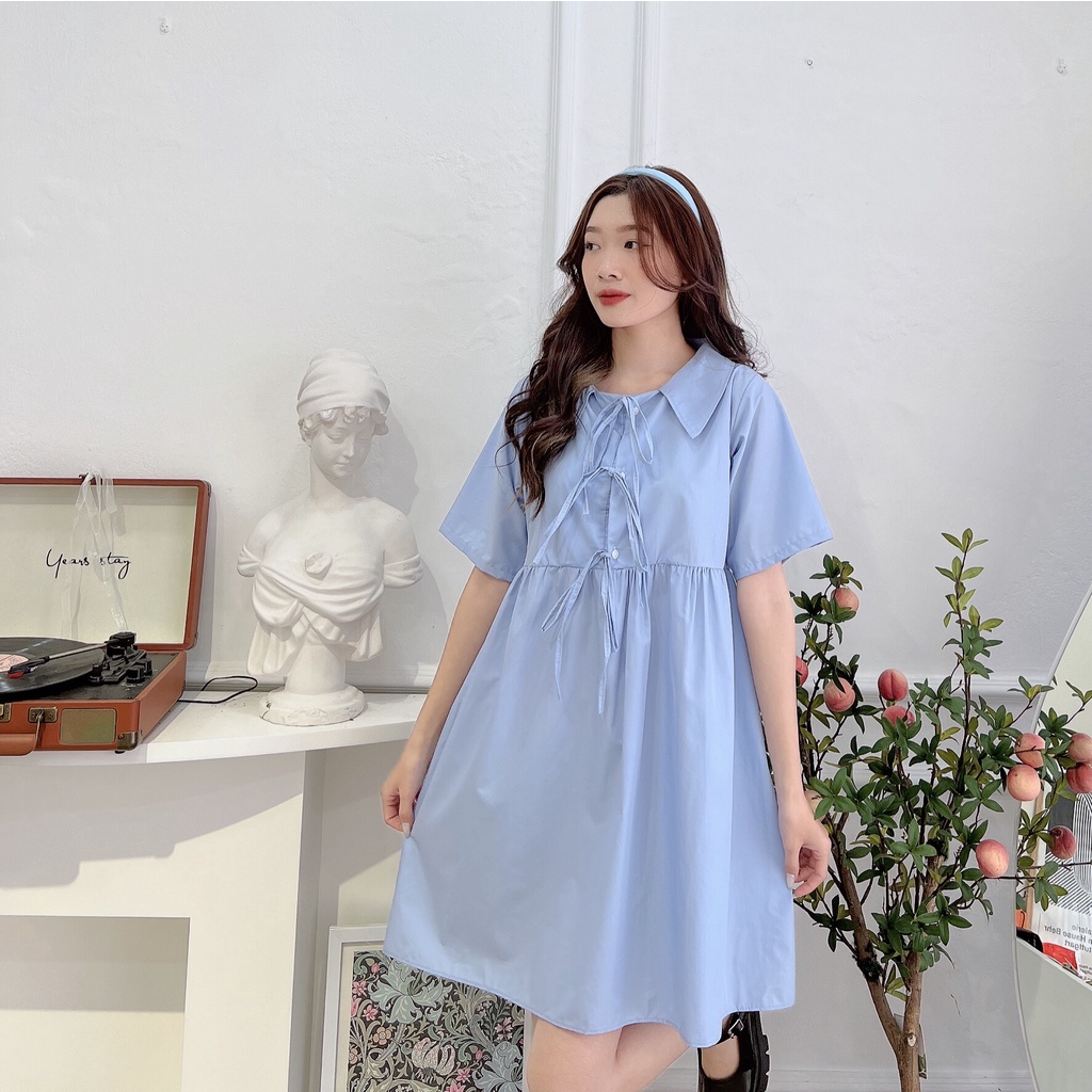 Váy babydoll nữ dáng dài, đầm babydoll trắng xanh thắt nơ xinh đẹp V44 thời trang nữ emmei | BigBuy360 - bigbuy360.vn
