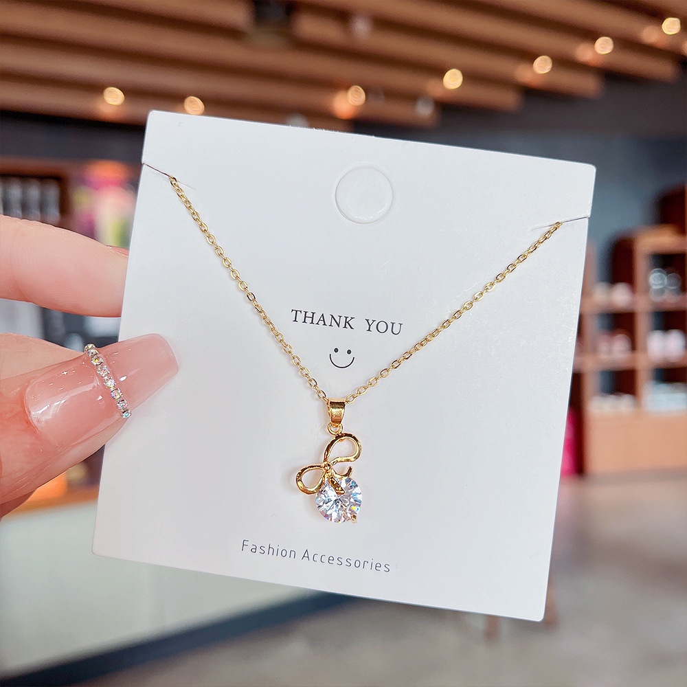 Dây Chuyền Thép Titan Mặt Nơ Đính Đá Zircon Đơn Giản Thời Trang