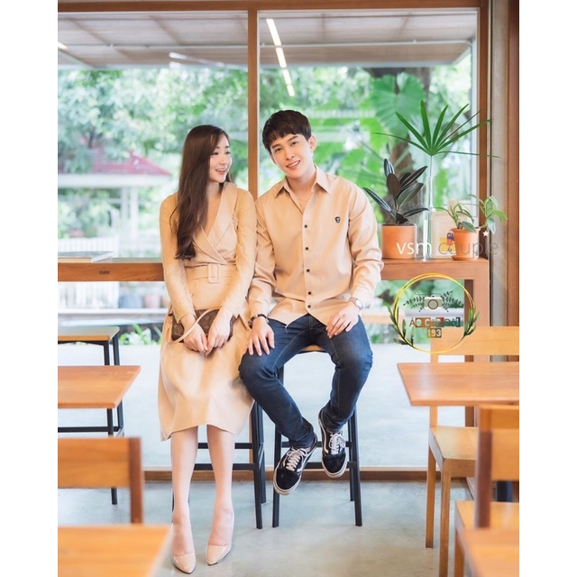Set đôi nam nữ: Áo váy cổ sơmi dáng dài quý phái, dịu dàng + thắt lưng nữ + Sơmi nam cùng chất liệu