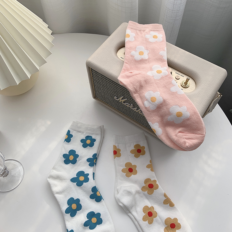 Vớ Cotton Dài Họa Tiết Hoa Phong Cách Hàn Quốc Cho Nữ