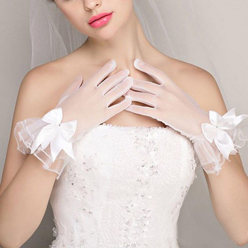 Phụ Kiện Găng Tay Vải Ren Trắng Trong Suốt Đính Nơ Dùng Khi Mặc Váy Cưới