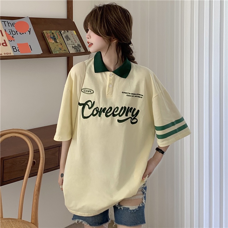 Áo polo Ngắn Tay Dáng Rộng Kẻ Sọc In Chữ Thời Trang Cho Nữ