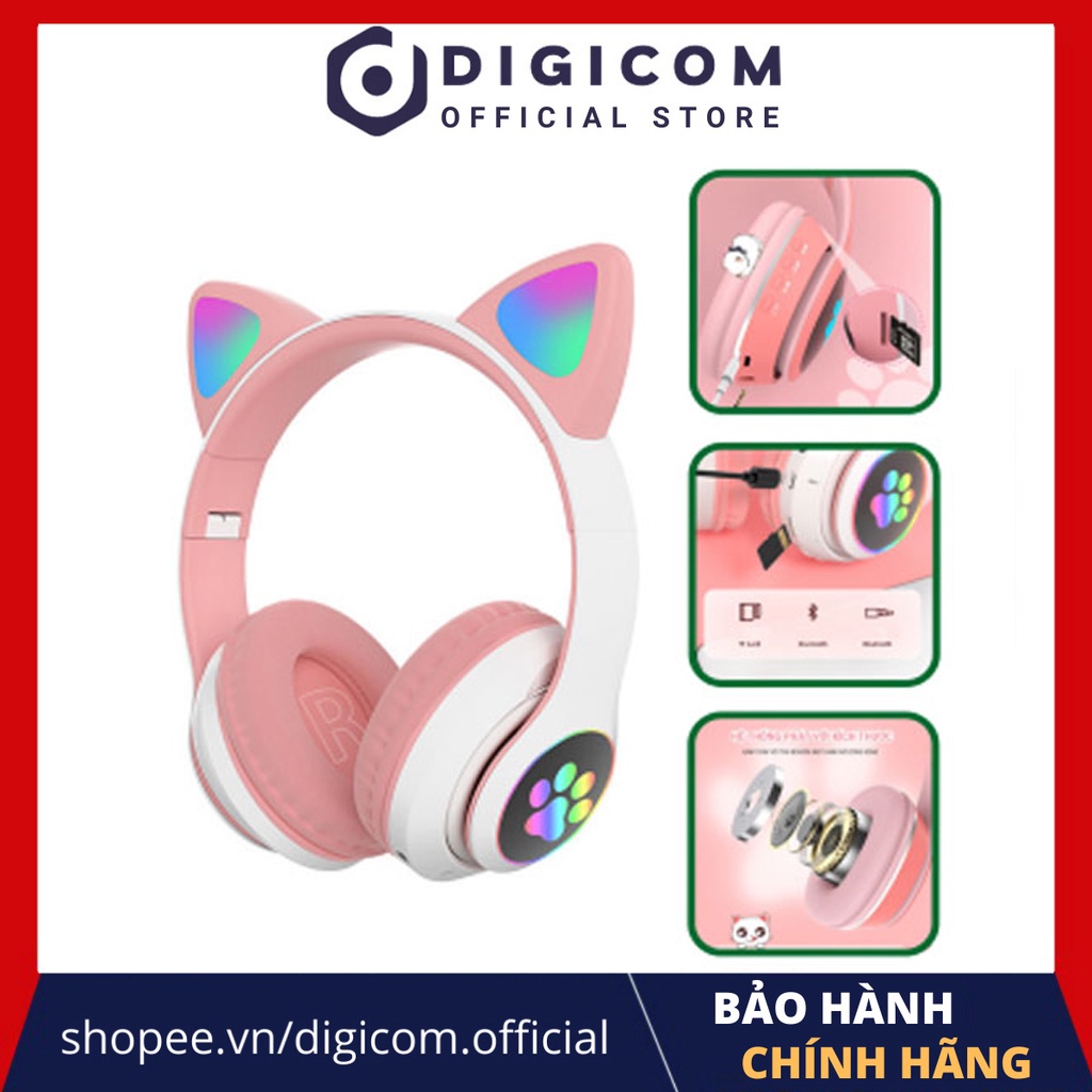 Tai nghe mèo bluetooth màu hồng phát sáng - Tai nghe chụp tai mèo có mic kiểu dáng cute có khe cắm thẻ nhớ, jack 3.5mm