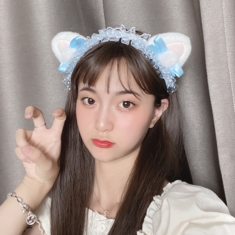 Băng Đô Nơ Tai Mèo Bằng Lông Nhung Họa Tiết Chấm Bi Phong Cách Lolita Hàn Quốc Ngọt Ngào