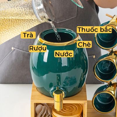 Bộ ấm chum cốc sứ Xanh viền vàng kèm khay gỗ treo phong cách Bắc Âu 20 món -Có Sẵn