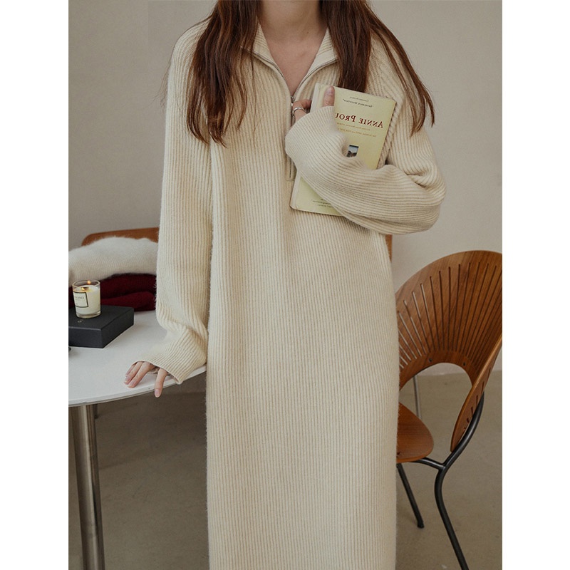 Đầm Dệt Kim Tay Dài Dáng Rộng Cổ POLO Dễ Phối Đồ