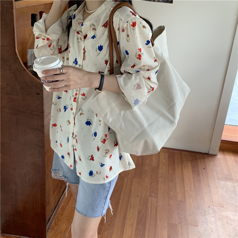 SUXI Áo Kiểu Tay Dài Hoạ Tiết Hoa Phong Cách Hàn Quốc Dành Cho Nữ