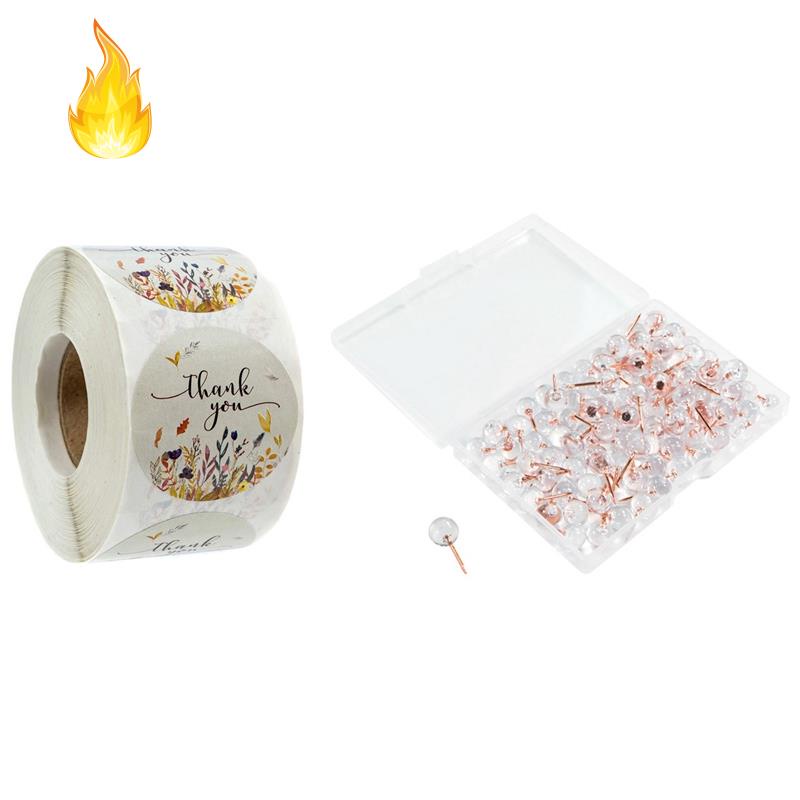 Set 500 Nhãn Dán 1 Inch Và 100 Ghim Nhựa Đầu Tròn Màu Vàng Hồng Trong Suốt