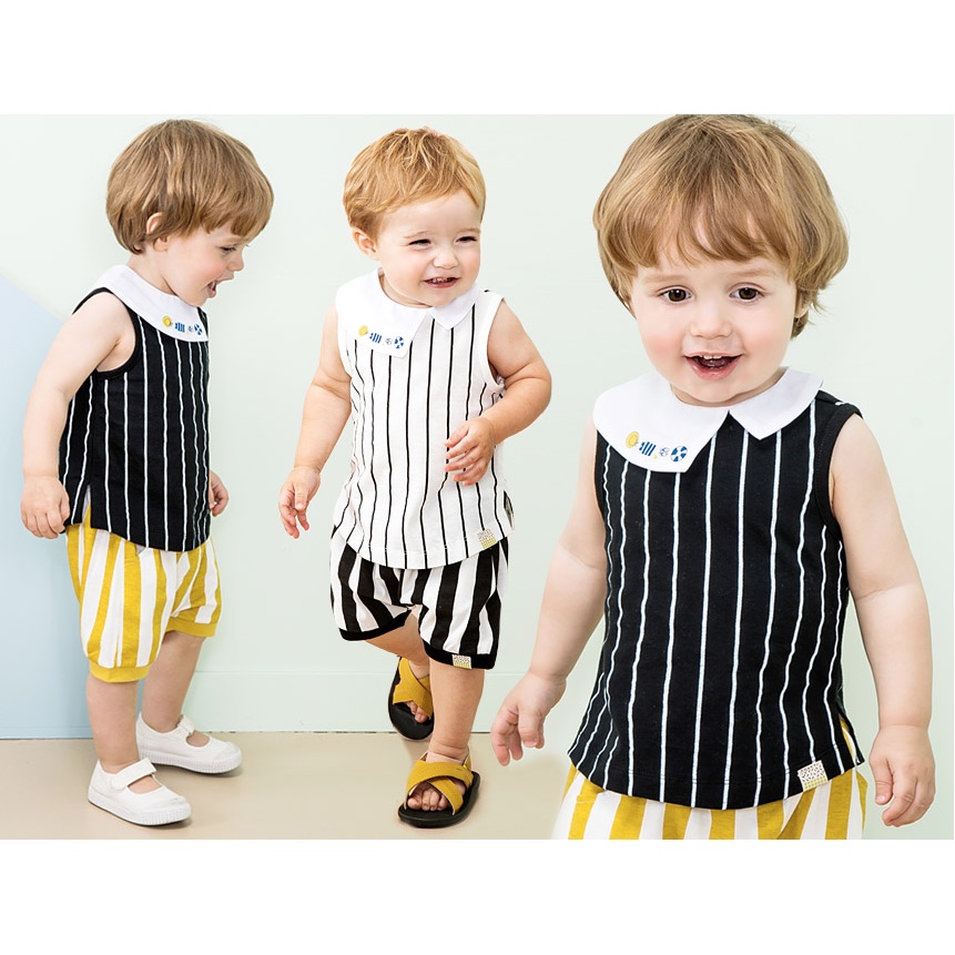 Set đồ bộ short thun sát nách bé trai thương hiệu Hàn Quốc Pimpollo áo cổ bèo màu sọc trắng đen MOM & BABY ILECE06