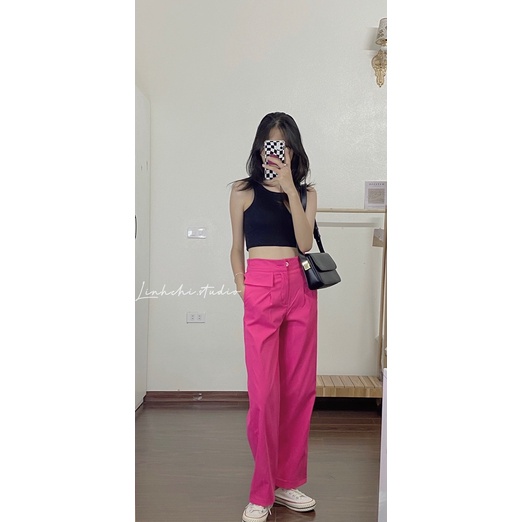 Quần suông nữ dáng dài cạp cao nắp túi chun lưng chất kaki dãn_Linhchi.studio