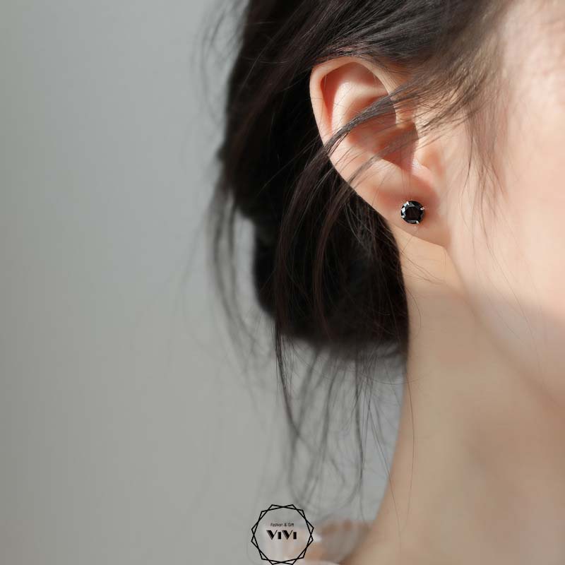 Bông tai bạc 925 nam nữ đinh tán Bead đen – khuyên tai ViVi