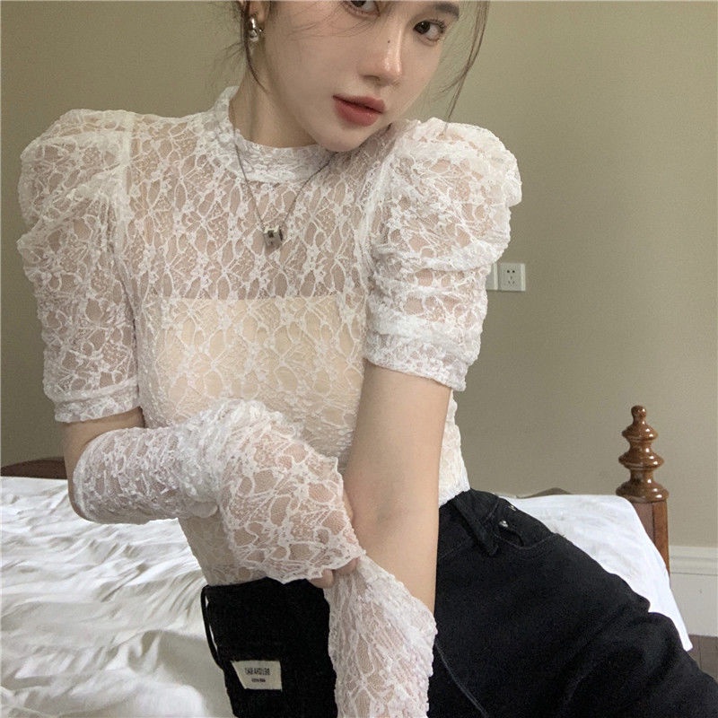 Cổ Phiếu Sẵn Sàng❤Ah F &amp; X Áo Sơ Mi Voan Mỏng Tay Phồng Cổ Tròn Phối Ren Phong Cách Pháp Thời Trang Mùa Hè Cho Nữ