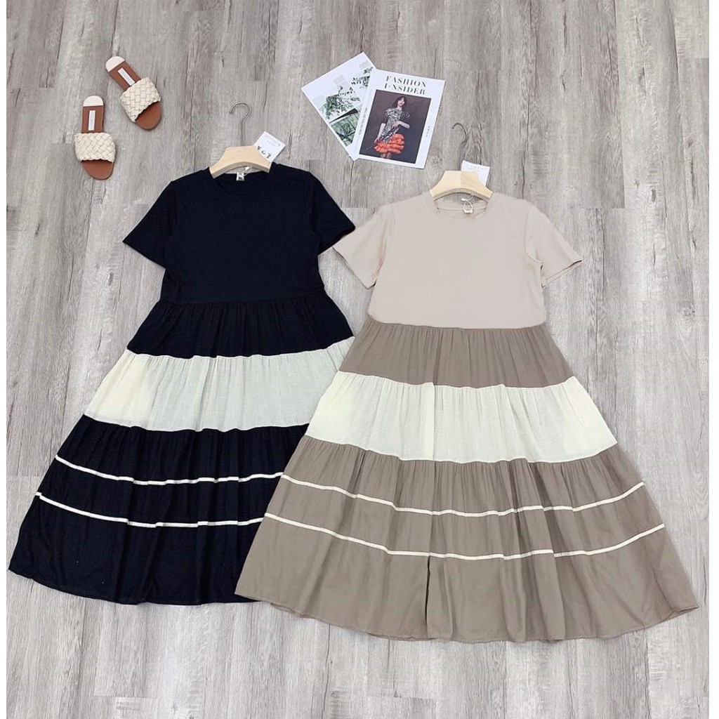 Váy bầu mùa hè - đầm bầu cotton 2 màu đen và sữa freesize từ 45 đến 70kg BN05