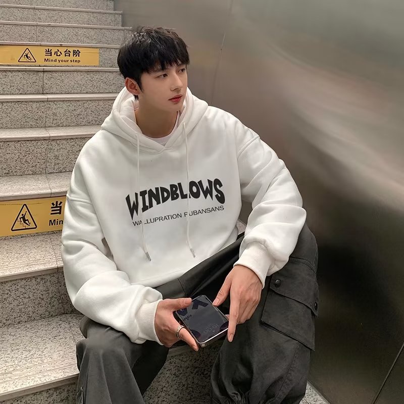 Áo Hoodie Tay Dài In Chữ Klein Màu Xanh Dương Phong Cách Hip hop Nhật Bản Thời Trang Mùa Đông 3 Màu Tùy Chọn Cho Nam