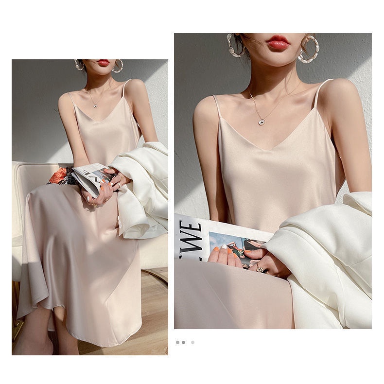 Đầm lụa satin hai dây dáng ôm phong cách thời trang mùa hè dành cho nữ