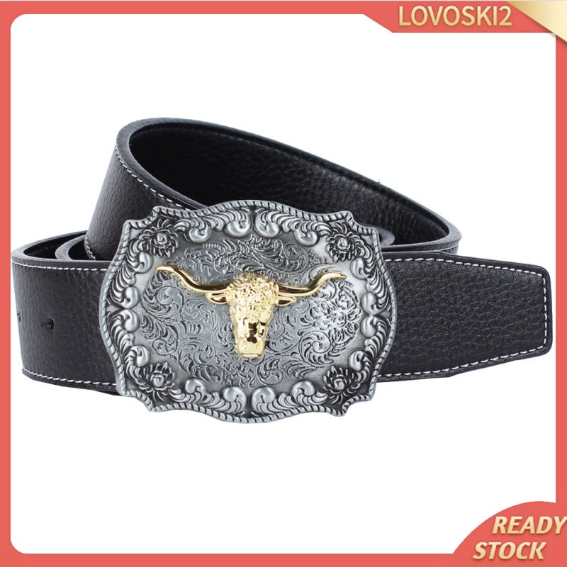 Mens Western Cowboy Leather Belt Waistband Arabesque Cow Head Buckle Black
