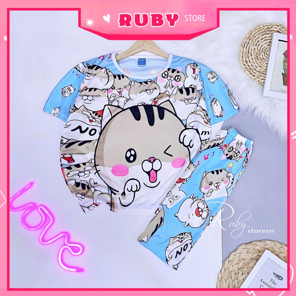 Đồ bộ thun lửng cho bé mặc nhà size đến 70kg vải mềm mát in hình Mèo Ami Hoạt hình dễ thương DBRBL FULL SIZE