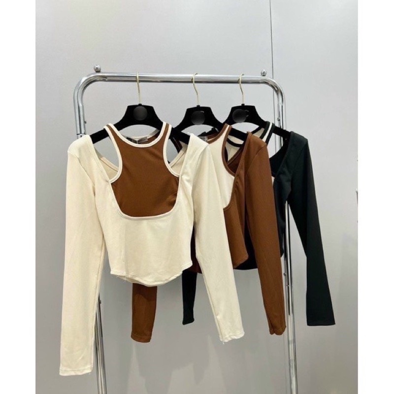 ÁO RỚT VAI CROPTOP TAY DÀI CHẤT GÂN BASIC