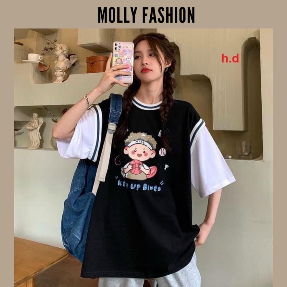Áo thun tay lỡ Unisex form rộng Bóng rổ phối tay BOY NICE Freesize dành cho nam nữ Molly Fashion ❕